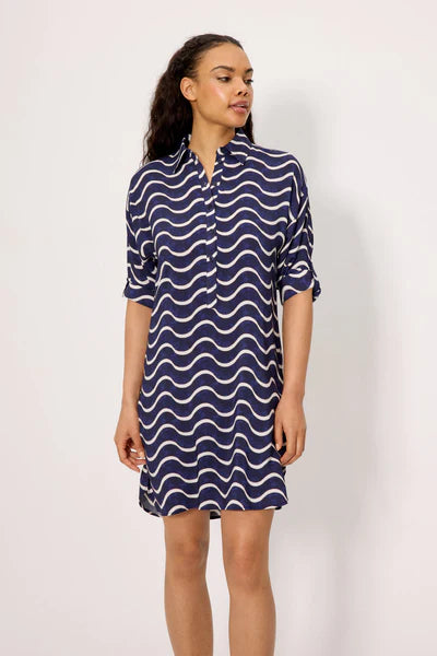 Vestido corto camisero media manga estampado ondas marineras YSABEL MORA