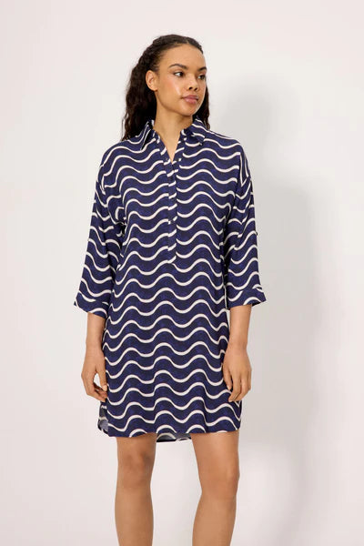 Vestido corto camisero media manga estampado ondas marineras YSABEL MORA