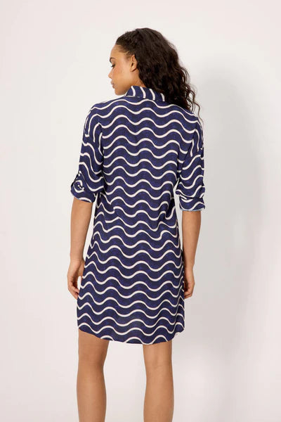 Vestido corto camisero media manga estampado ondas marineras YSABEL MORA