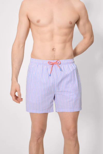 Bañador medio estampado contrastado rayas azules y naranjas YSABEL MORA