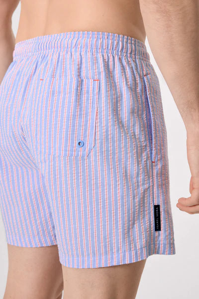 Bañador medio estampado contrastado rayas azules y naranjas YSABEL MORA
