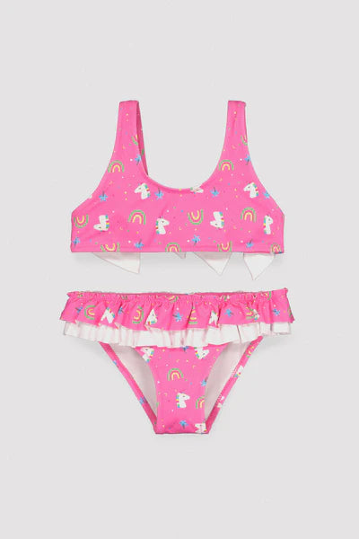 Bikini niña detalle volantes y lazos estampado unicornios Ysabel Mora
