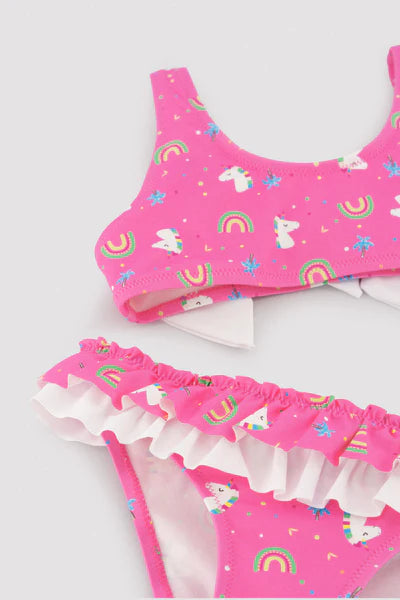 Bikini niña detalle volantes y lazos estampado unicornios Ysabel Mora