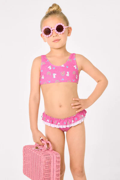 Bikini niña detalle volantes y lazos estampado unicornios Ysabel Mora