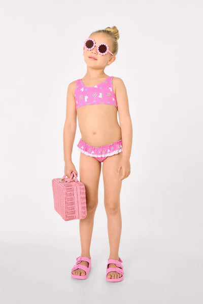 Bikini niña detalle volantes y lazos estampado unicornios Ysabel Mora