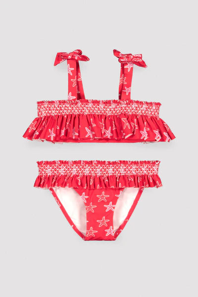 Bikini niña detalles volantes y nido de abeja estampado estrellas marinas Ysabel Mora
