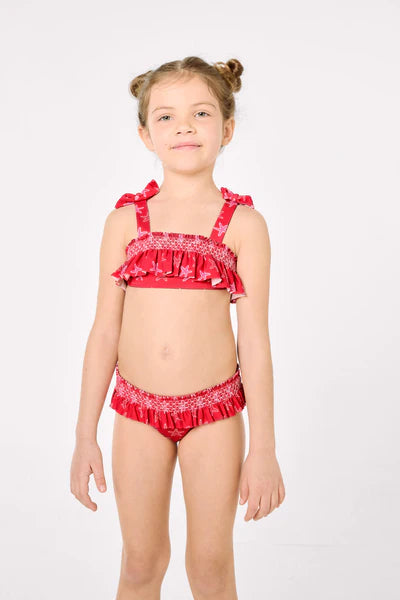 Bikini niña detalles volantes y nido de abeja estampado estrellas marinas Ysabel Mora
