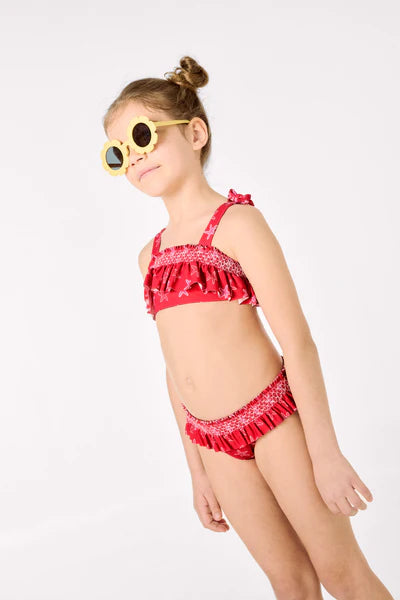 Bikini niña detalles volantes y nido de abeja estampado estrellas marinas Ysabel Mora