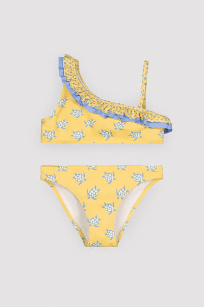 Bikini niña asimétrico detalle volantes estampado tortugas Ysabel Mora