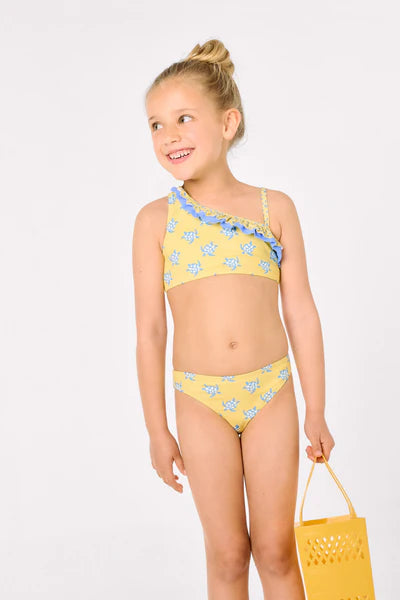 Bikini niña asimétrico detalle volantes estampado tortugas Ysabel Mora