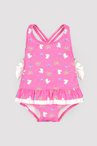 Bañador bebé niña detalles volantes y lazos estampado unicornios Ysabel Mora