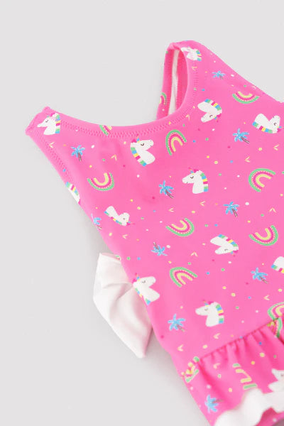 Bañador bebé niña detalles volantes y lazos estampado unicornios Ysabel Mora
