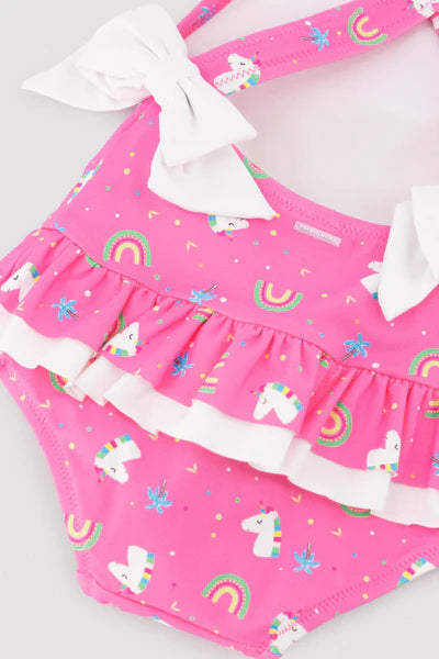 Bañador bebé niña detalles volantes y lazos estampado unicornios Ysabel Mora