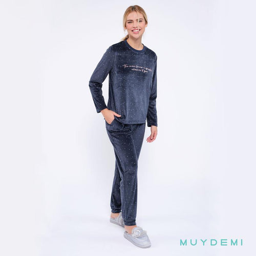 Pijama mujer micro coralina elástica azul marino copos nieve MUYDEMI