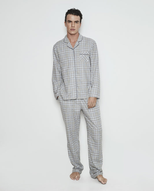 Pijama hombre abierto estampado cuadros franela 100% algodón Selmark