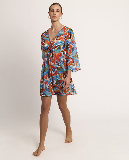 Vestido blusón con abalorios en el escote estampado SELMARK