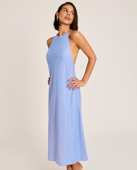 Vestido largo escote halter y espalda descubierta celeste SELMARK