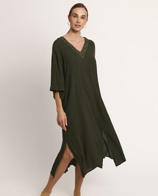 Vestido largo tejido arrugado con escote de pico verde SELMARK