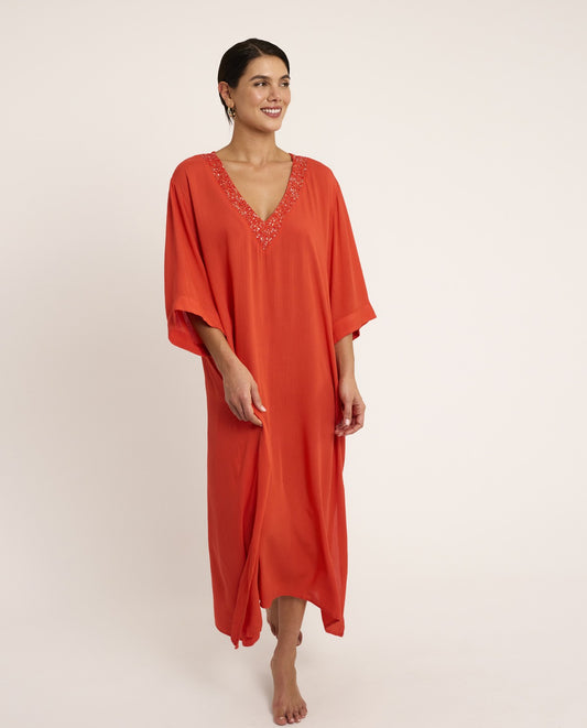 Vestido largo tejido arrugado con escote de pico coral SELMARK