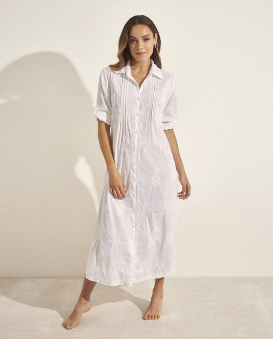 Vestido largo camisero blanco de algodón bordado SELMARK