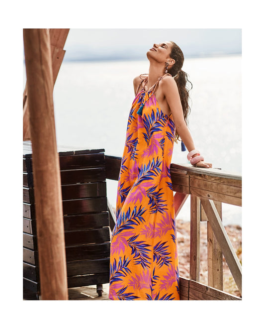 Vestido largo escote halter estampado hojas SELMARK