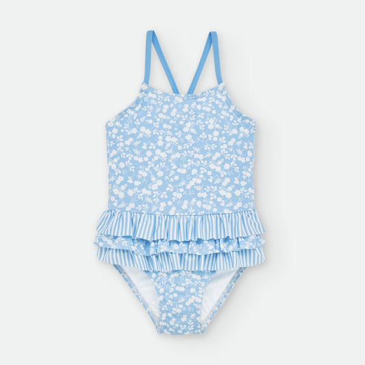 Bañador bebé y niña espalda cruzada volante en cintura "Flores" WATERLEMON