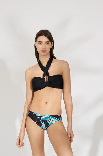 Bikini bandeau SIN AROS con top negro y estampado hojas YSABEL MORA