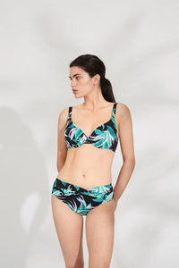 Bikini con aro copa B estampado tropical sobre negro YSABEL MORA